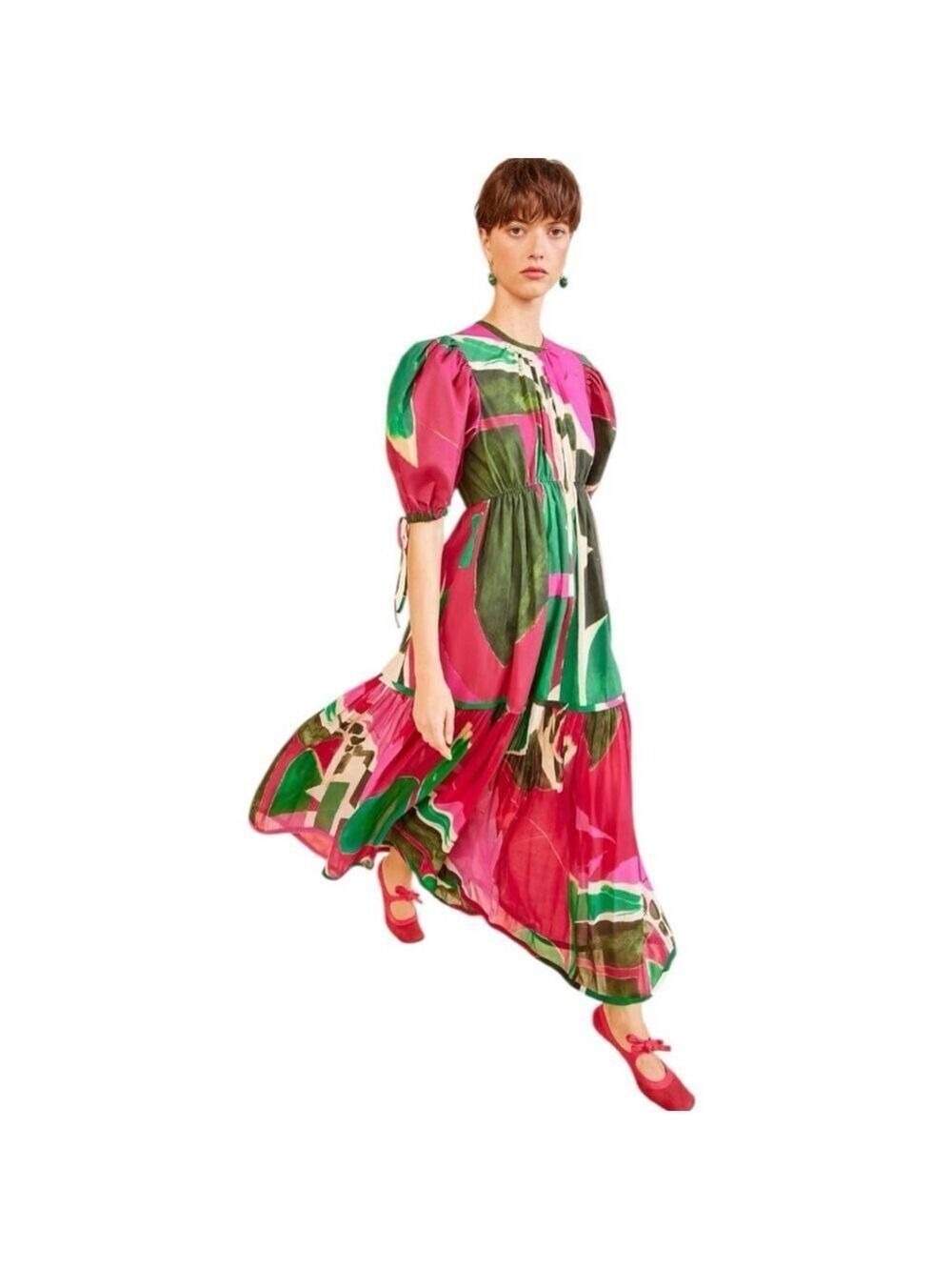 Ulla Johnson Pink and Green Collage Puff Sleeve Dress Size 8
